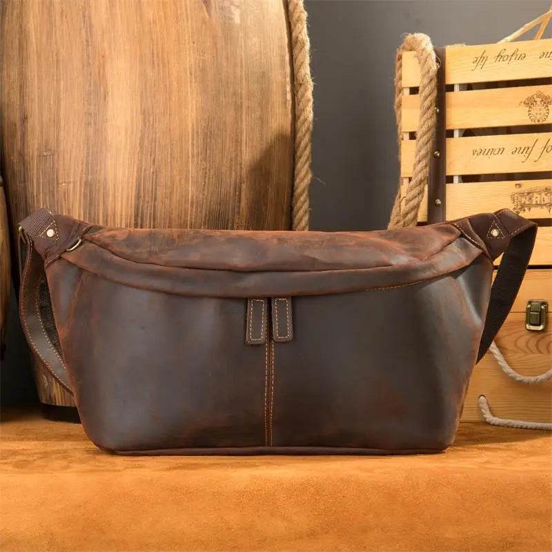 Large Chest Bag Genuine Leather Crossbody Sling Outdoor Bag Men - VacationGrabs