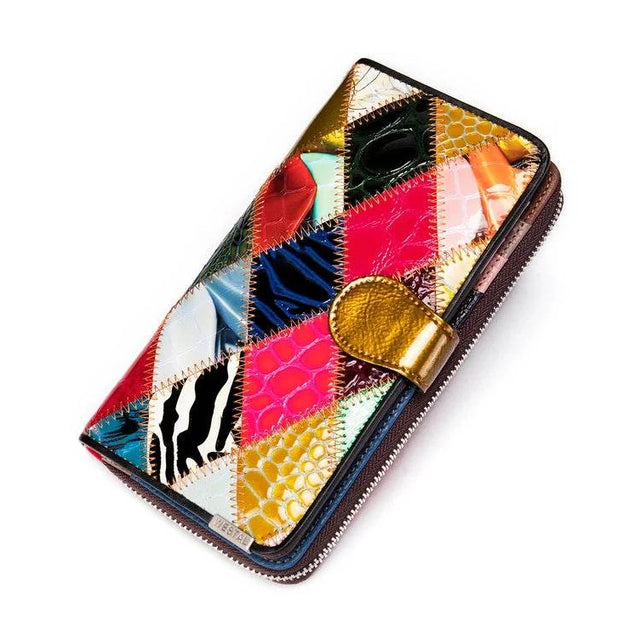 Women’s Cowhide Patchwork Clutch Bag Ethnic Style Genuine Leather Purse - VacationGrabs