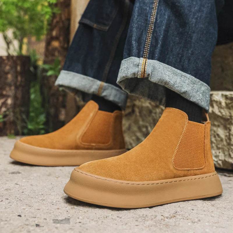 Men’s Genuine Leather Mid Top Boots British Style Chelsea - VacationGrabs