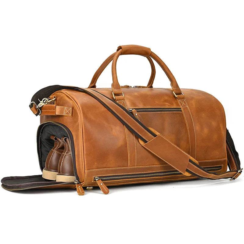 Mens Leather Shoulder Duffel Bag, Shoe Compartment, Removable Strap - VacationGrabs