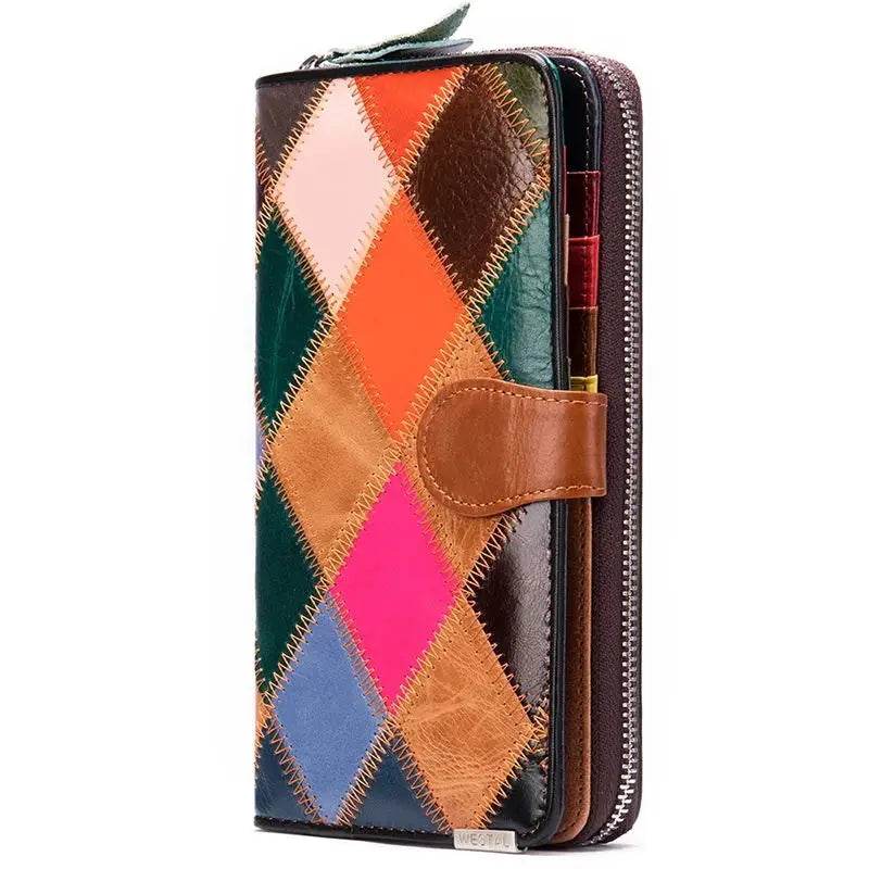 Hot Fashion Patchwork Leather Women’s Long Wallet & Phone Pouch - VacationGrabs