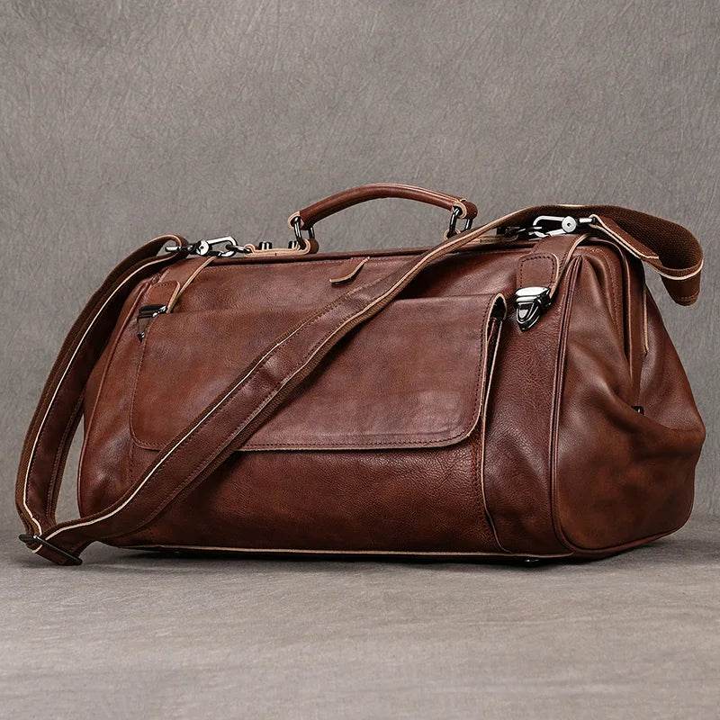 Luxury Leather Carry On Luggage Bag Real Cowskin Travel Duffle - VacationGrabs