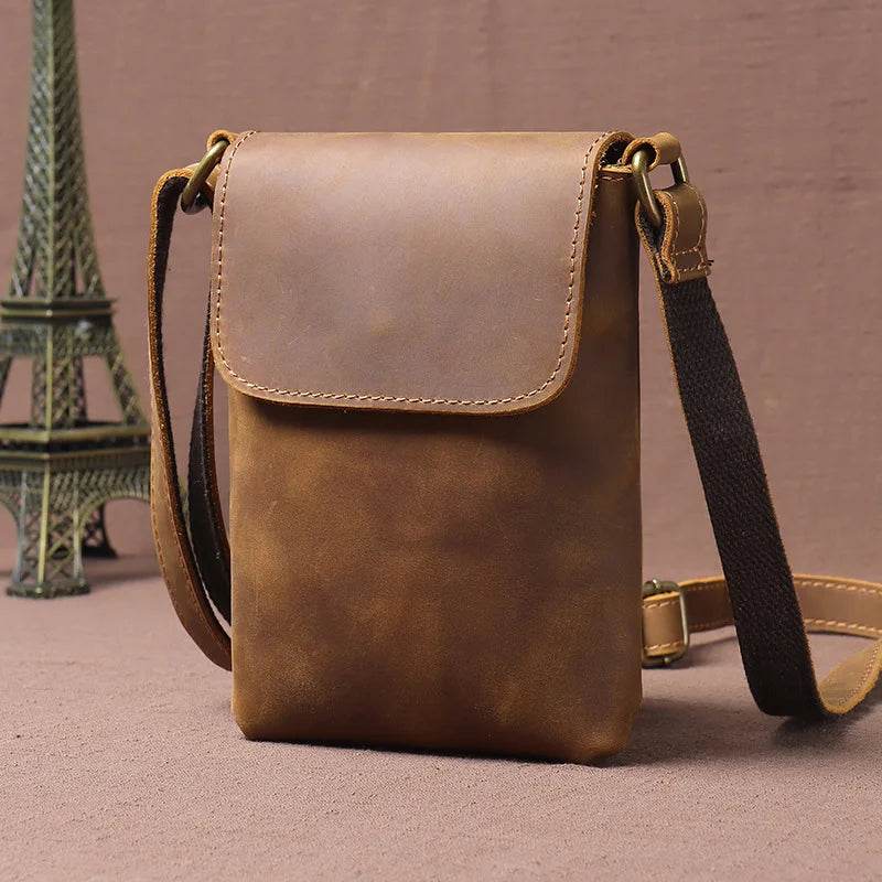 Men's Retro Leather Small Crossbody Phone Bag Cowhide Sling - VacationGrabs