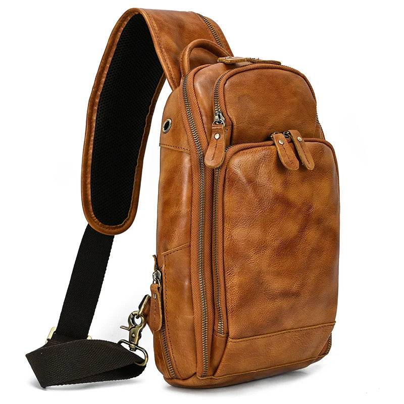 High-Quality Chest Bag USB Men Shoulder Sling Cowhide Leather - VacationGrabs
