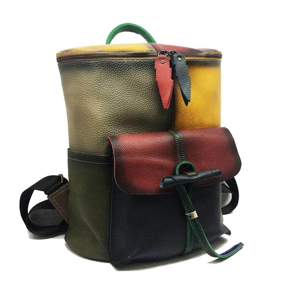 Vintage Women Genuine Leather Backpack Patchwork Double - VacationGrabs