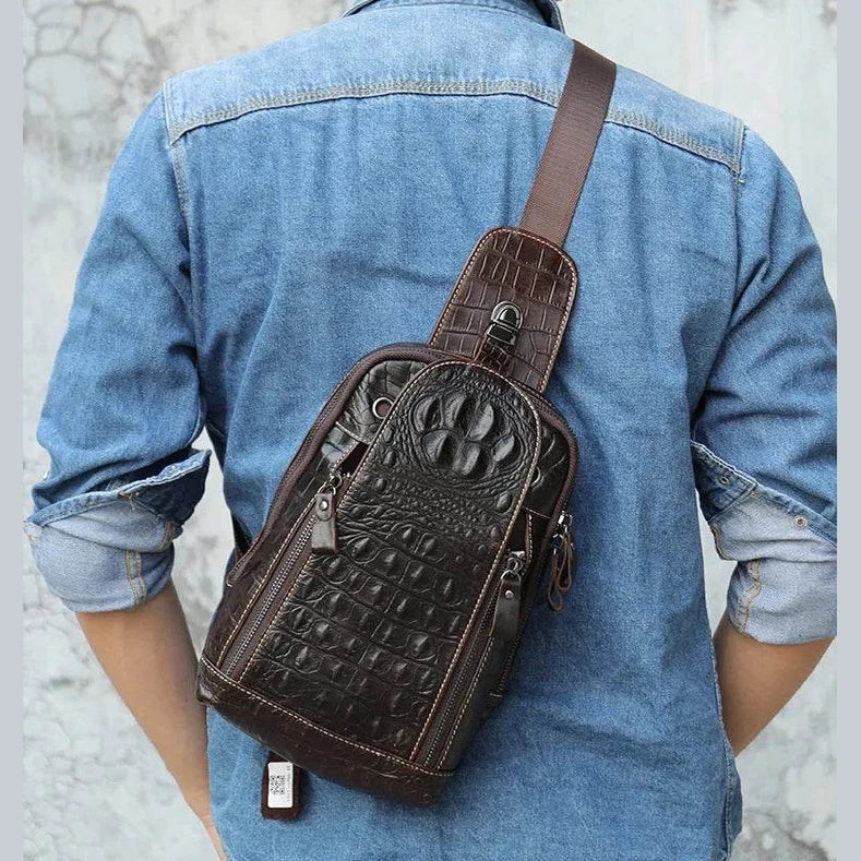 Leather Chest Bag Alligator Pattern Men's Crossbody Shoulder Bag - VacationGrabs