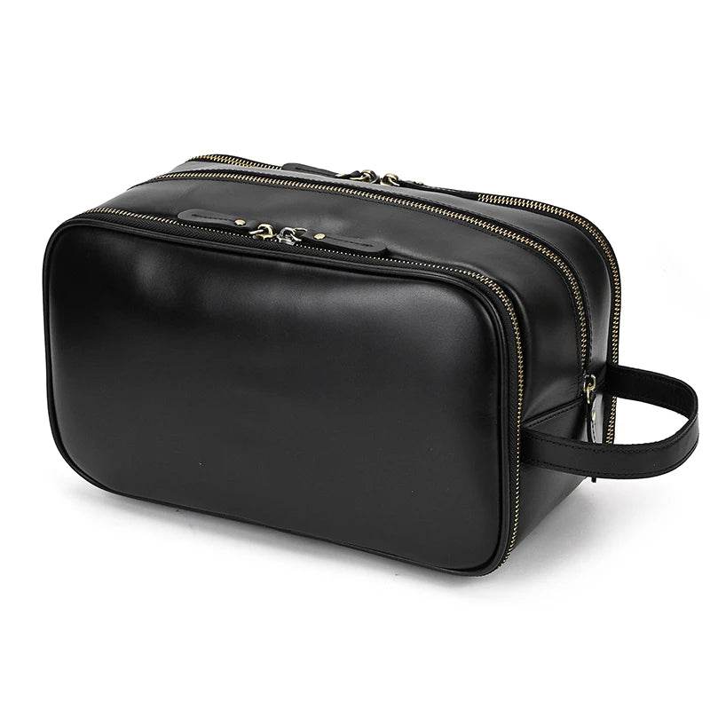 Black Genuine Leather Cosmetic & Storage Bag for Men & Women - VacationGrabs