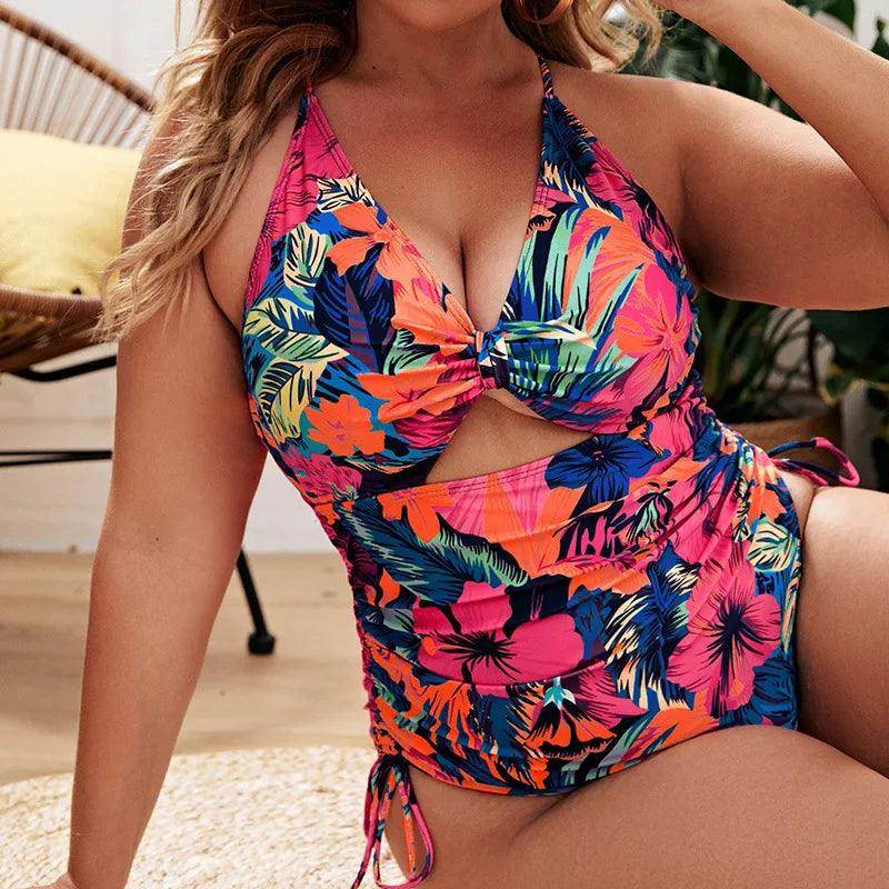 Plus Size Floral Cutout Drawstring Swimsuit - VacationGrabs
