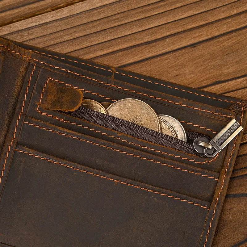 Luxury Bifold Leather Wallet for Men Slim Purse Cowhide with Coins Pocket - VacationGrabs