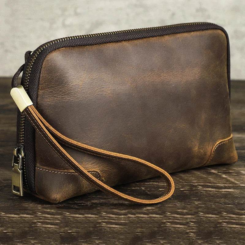 Brown Genuine Leather Clutch Bag for Travel & Toiletries - VacationGrabs