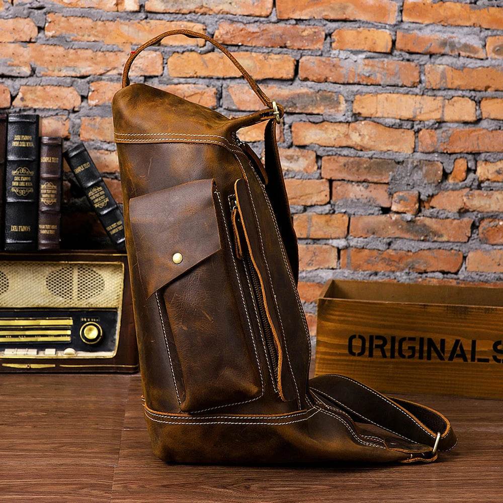 Retro Big Leather Chest Bag Sports Hiking Crossbody Sling Bag - VacationGrabs