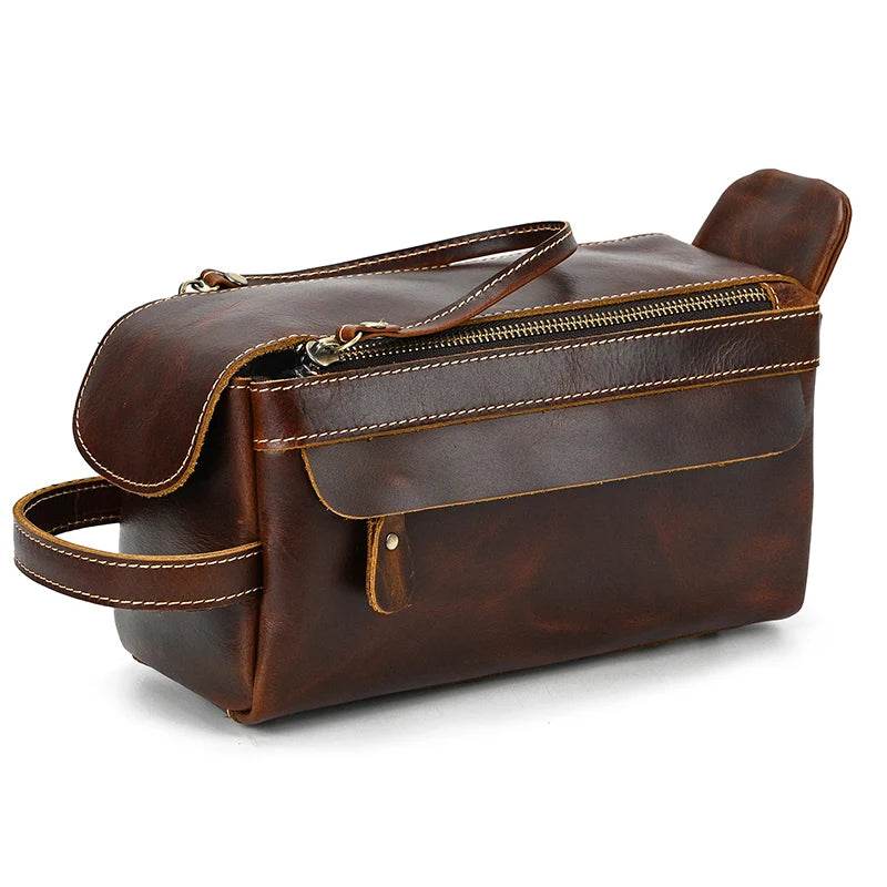 Thick Leather Clutch Bag for Men Genuine Leather Toiletry Kit Bag - VacationGrabs