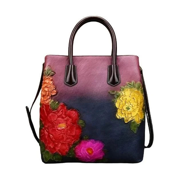 Handmade Floral Embossed Leather Handbag Tote Bag Luxury - VacationGrabs
