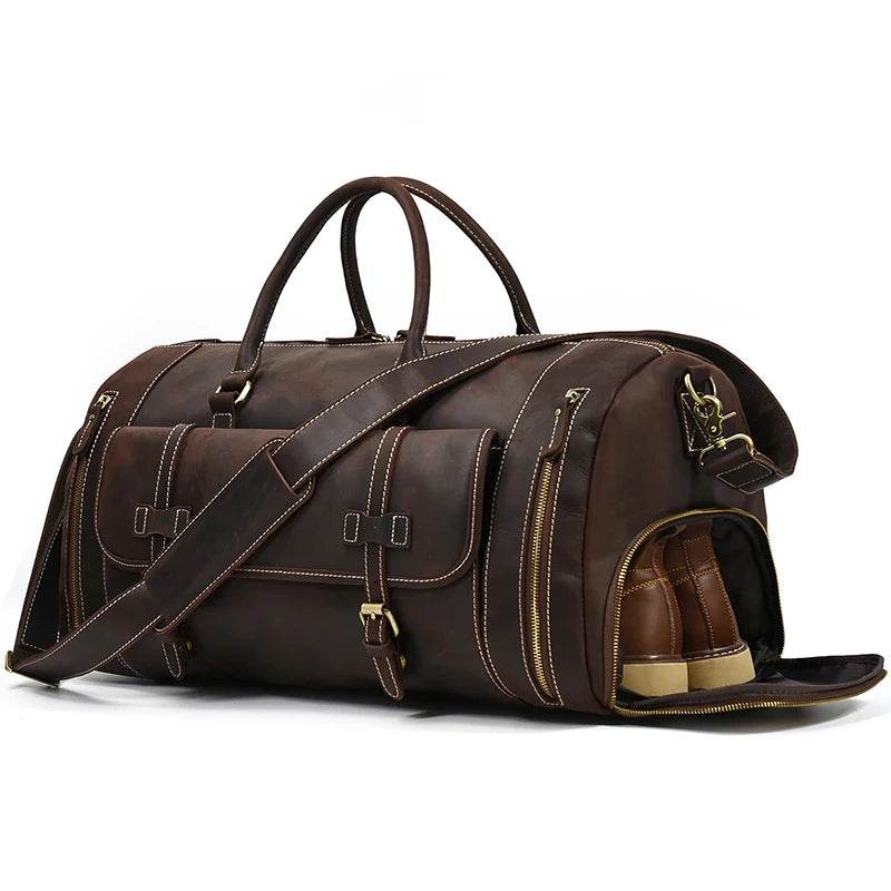 Genuine Leather Travel Duffel Bag High-Capacity wShoe Compartment - VacationGrabs