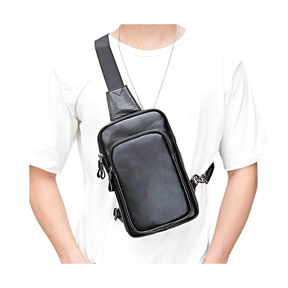 100% Genuine Leather Sling Bag Messenger Bag for Men Black - VacationGrabs