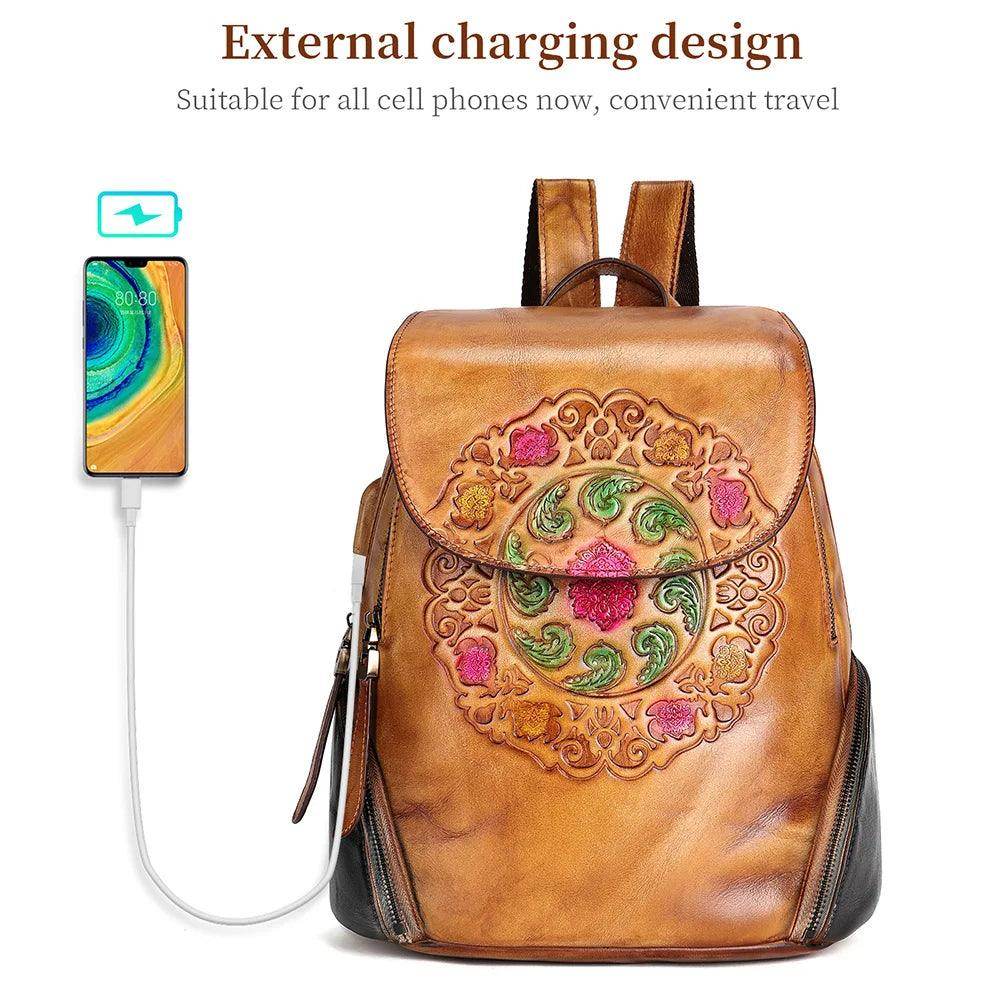 Retro Embossed Floral Backpack For Women Genuine Leather - VacationGrabs