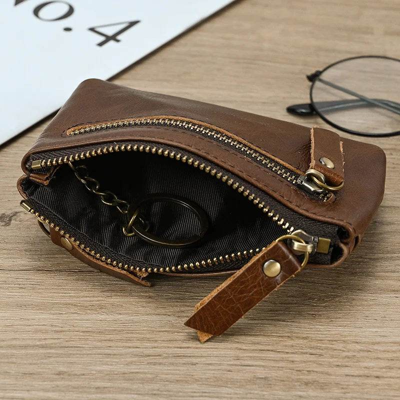 Mini Coin Purse Genuine Leather Real Cowhide Small Wallet with Key Ring - VacationGrabs