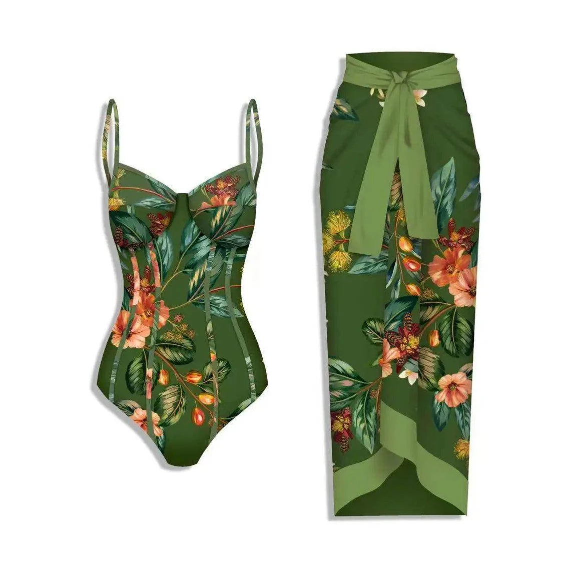 Green Floral Swimwear Womens One Piece + Cover Up - VacationGrabs