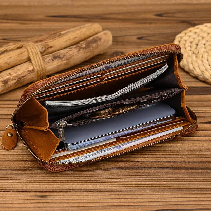 Vintage Men’s Crazy Horse Leather Single Zip Long Wallet for Phone - VacationGrabs