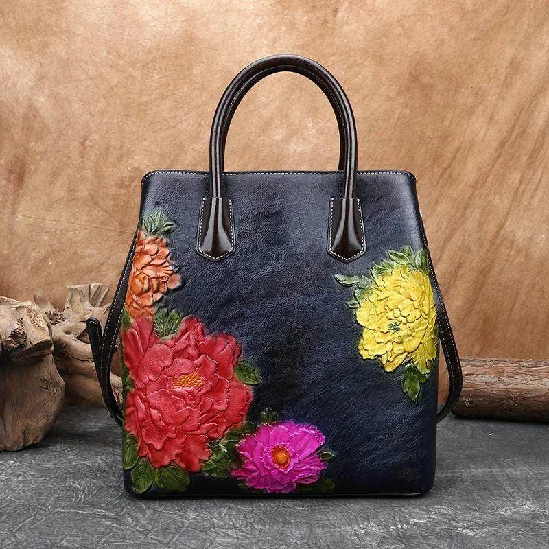 Handmade Floral Embossed Leather Handbag Tote Bag Luxury - VacationGrabs