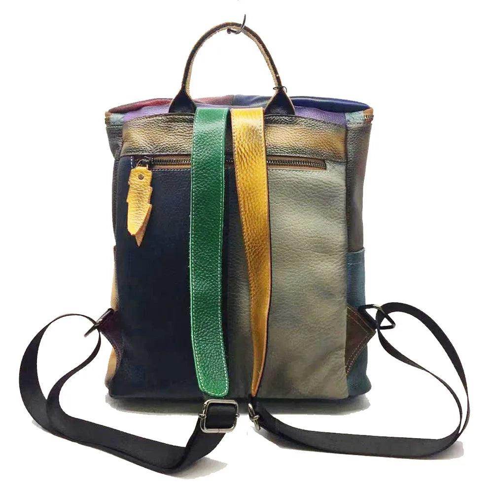 Vintage Women Genuine Leather Backpack Patchwork Double - VacationGrabs