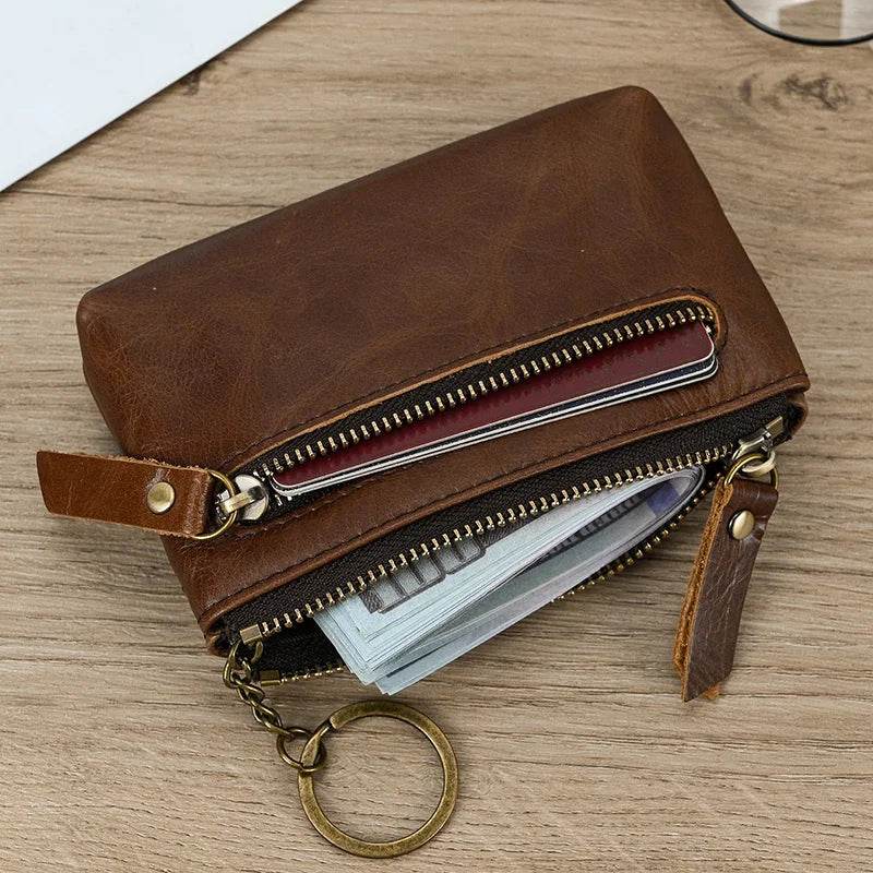 Mini Coin Purse Genuine Leather Real Cowhide Small Wallet with Key Ring - VacationGrabs