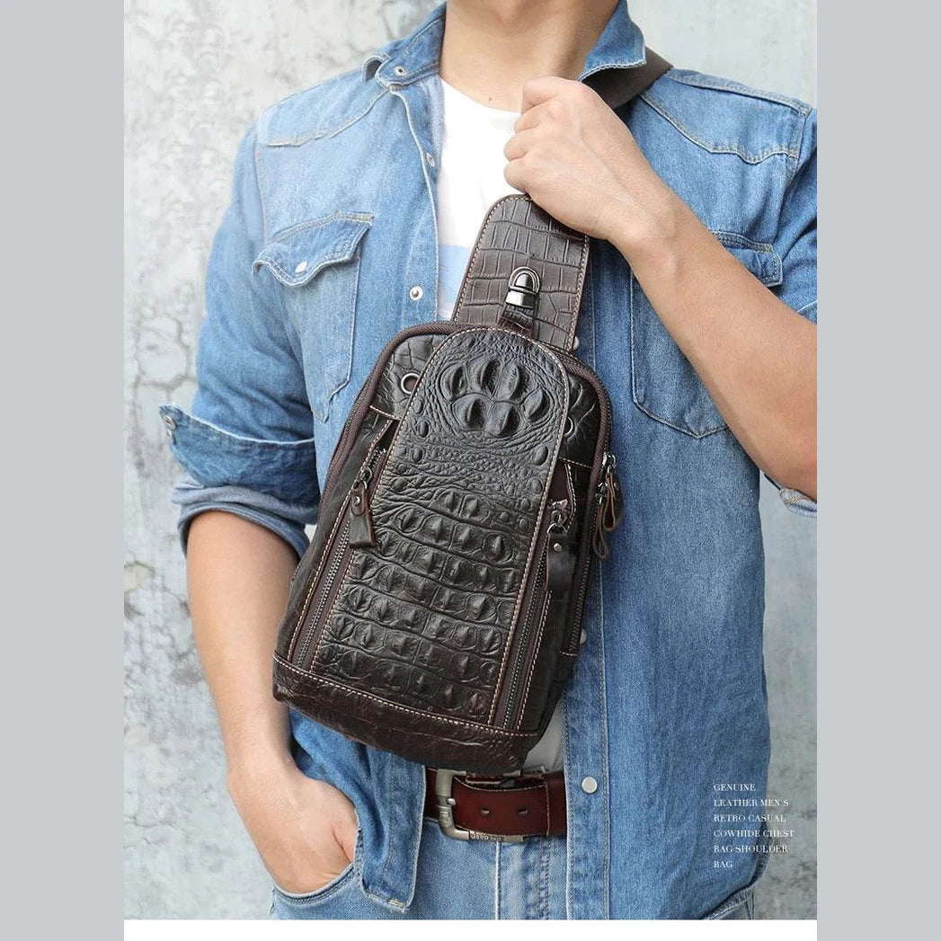 Leather Chest Bag Alligator Pattern Men's Crossbody Shoulder Bag - VacationGrabs