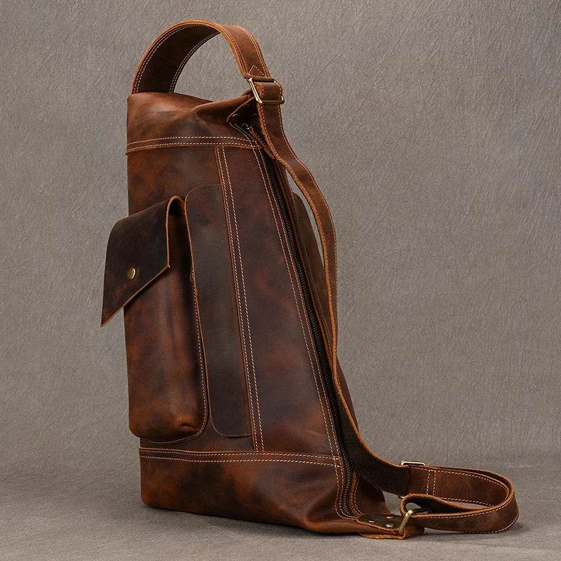 Men's Leather Chest Bag Retro Single Shoulder Crossbody Bag - VacationGrabs