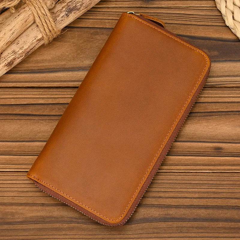 Vintage Men’s Crazy Horse Leather Single Zip Long Wallet for Phone - VacationGrabs