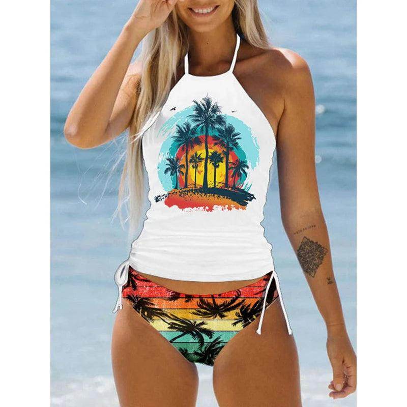 Women's Bathing Suit Drawstring Side Halter Neck Tankini - VacationGrabs