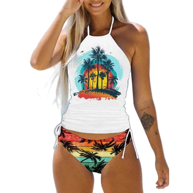 Women's Bathing Suit Drawstring Side Halter Neck Tankini - VacationGrabs