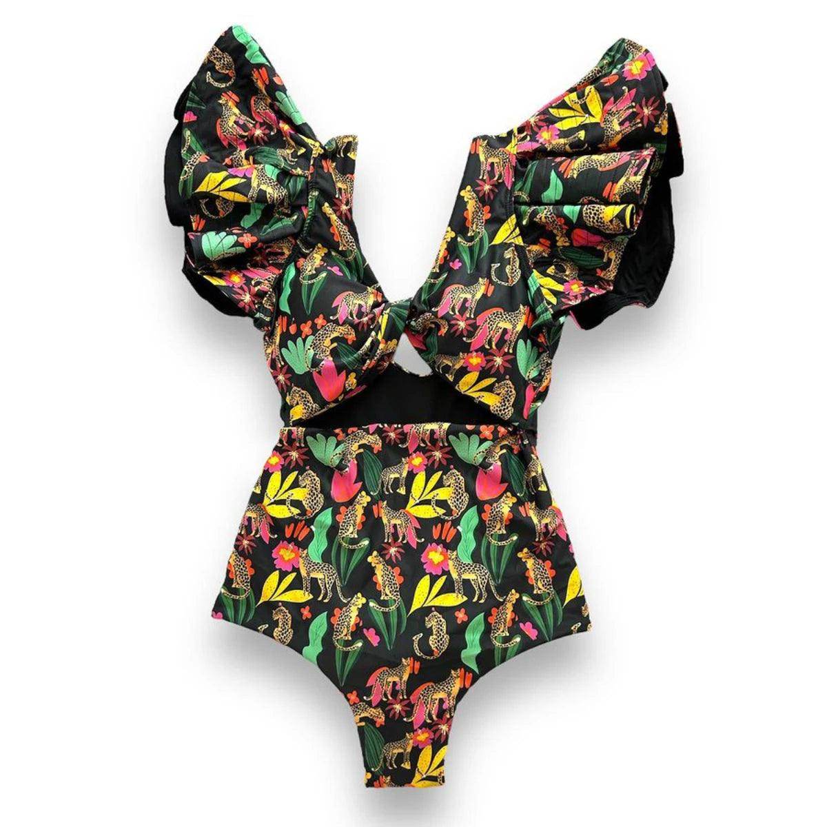 Ruffle Print Floral One Piece Slimming Swimwear - VacationGrabs