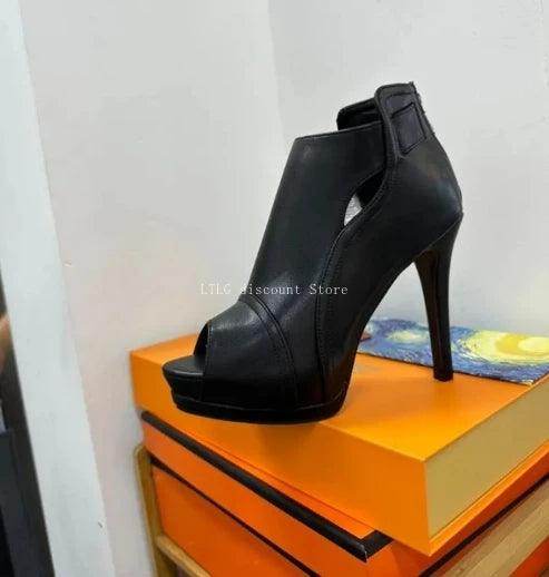 Fish Mouth High Heel Sandals Breathable Hollow Out Platform - VacationGrabs