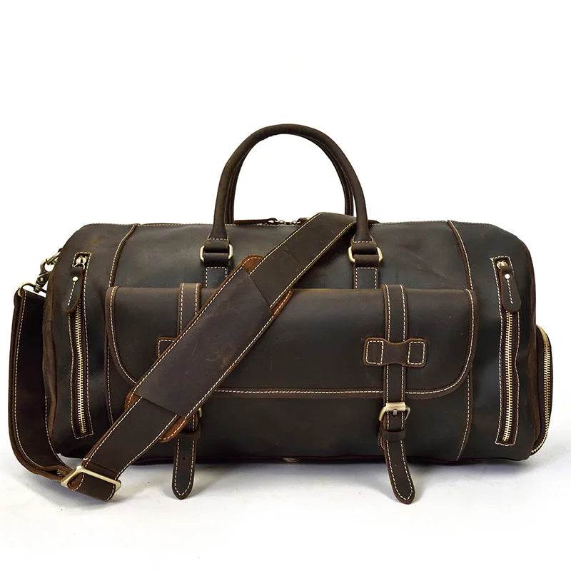 Mens Leather Shoulder Duffel Bag, Shoe Compartment, Removable Strap - VacationGrabs