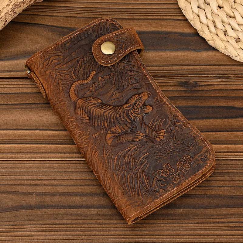 Luxury Designer Men’s Leather Wallet with 3D Tiger Dragon Embossing - VacationGrabs