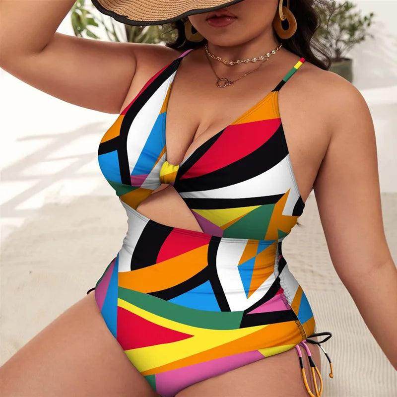 Plus Size Floral Cutout Drawstring Swimsuit - VacationGrabs