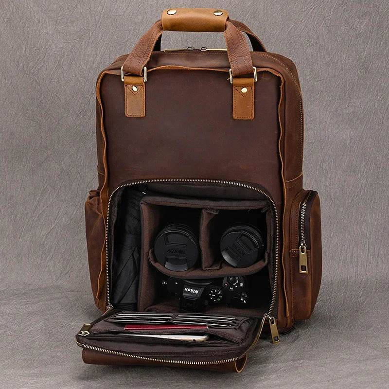 Leather Backpack for Camera DSLR Genuine Travel Bag Large - VacationGrabs
