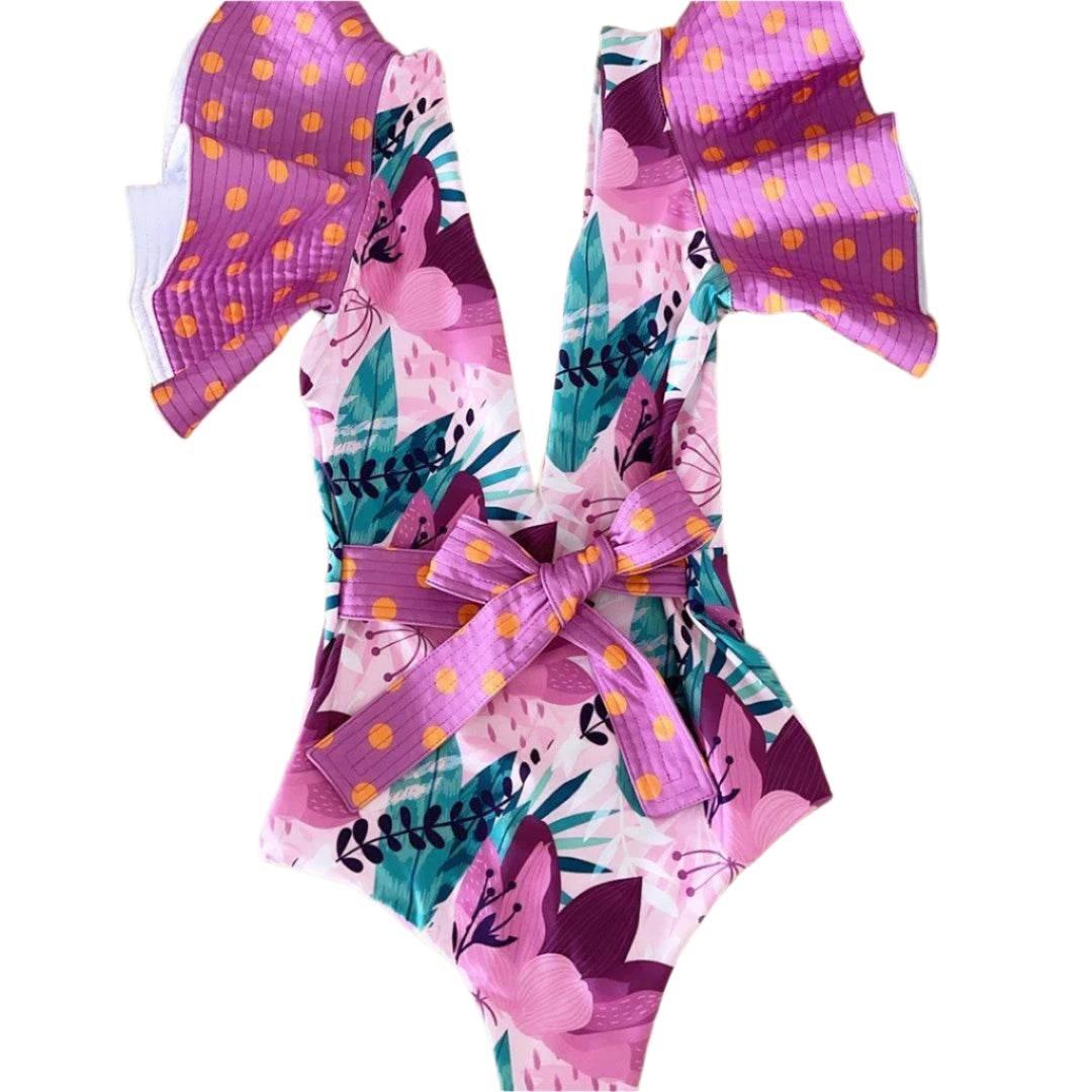 Ruffle Print Floral One Piece Slimming Swimwear - VacationGrabs