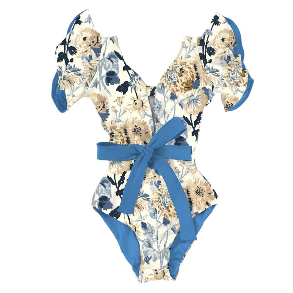Women's Ruffle Sleeve Deep-V Bathing Suit - VacationGrabs