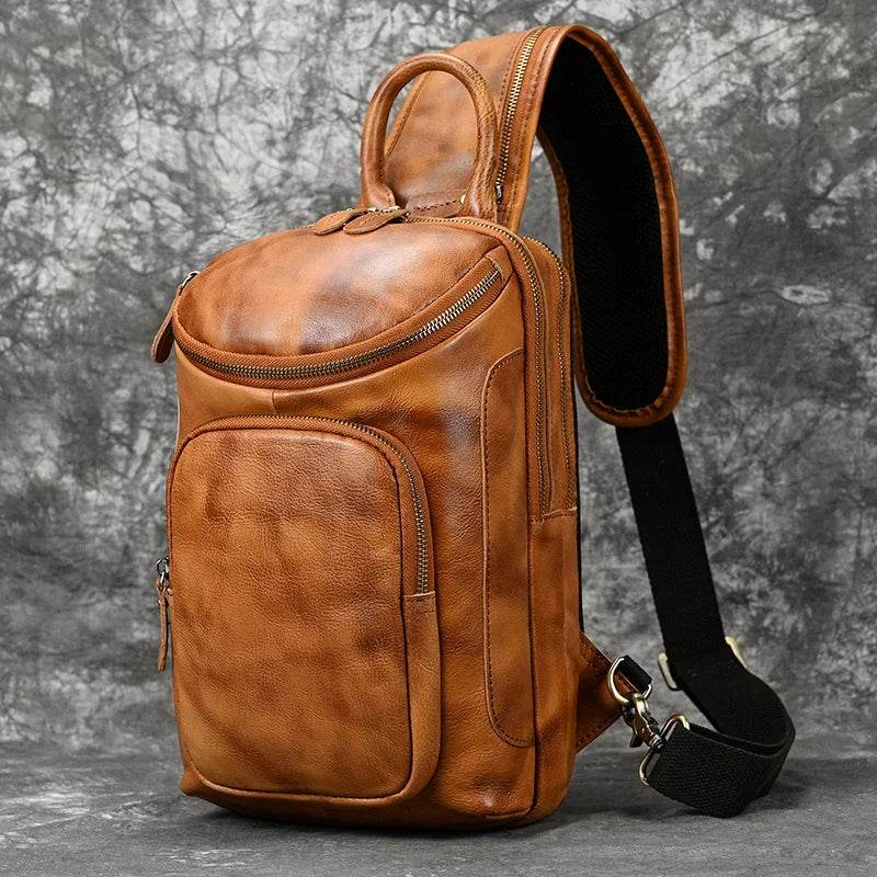 Leather Chest Bag Big Capacity Crazy Horse Vintage Sling Bag - VacationGrabs