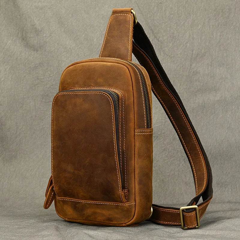 Thick Leather Chest Bag Real Cowhide Small Crossbody Sling Bag Men - VacationGrabs