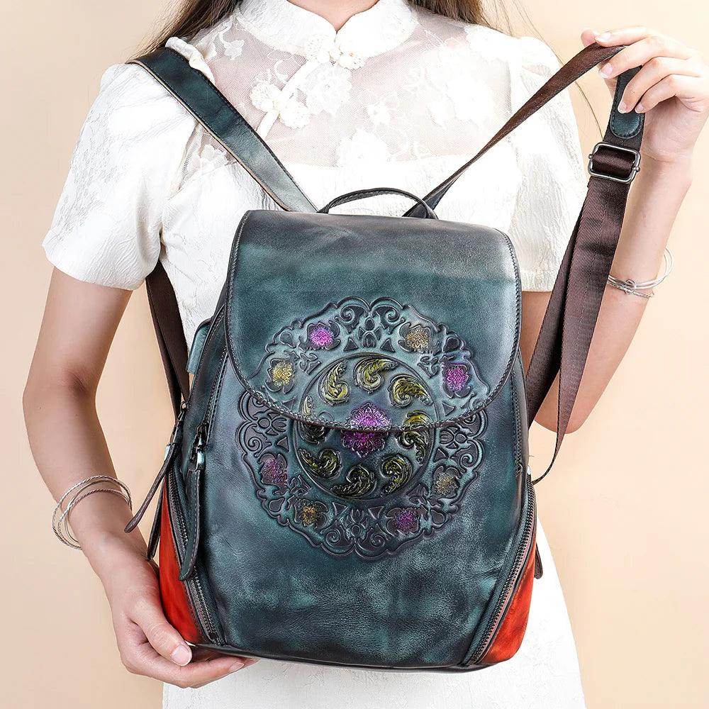 Retro Embossed Floral Backpack For Women Genuine Leather - VacationGrabs