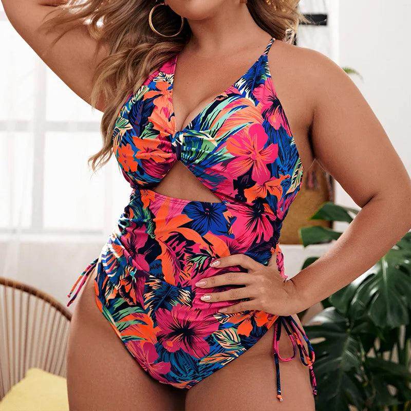 Plus Size Floral Cutout Drawstring Swimsuit - VacationGrabs
