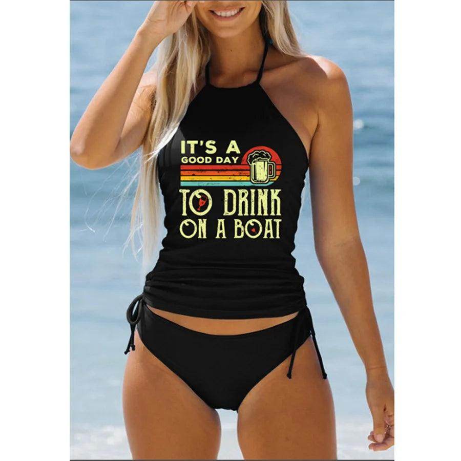 Women's Bathing Suit Drawstring Side Halter Neck Tankini - VacationGrabs