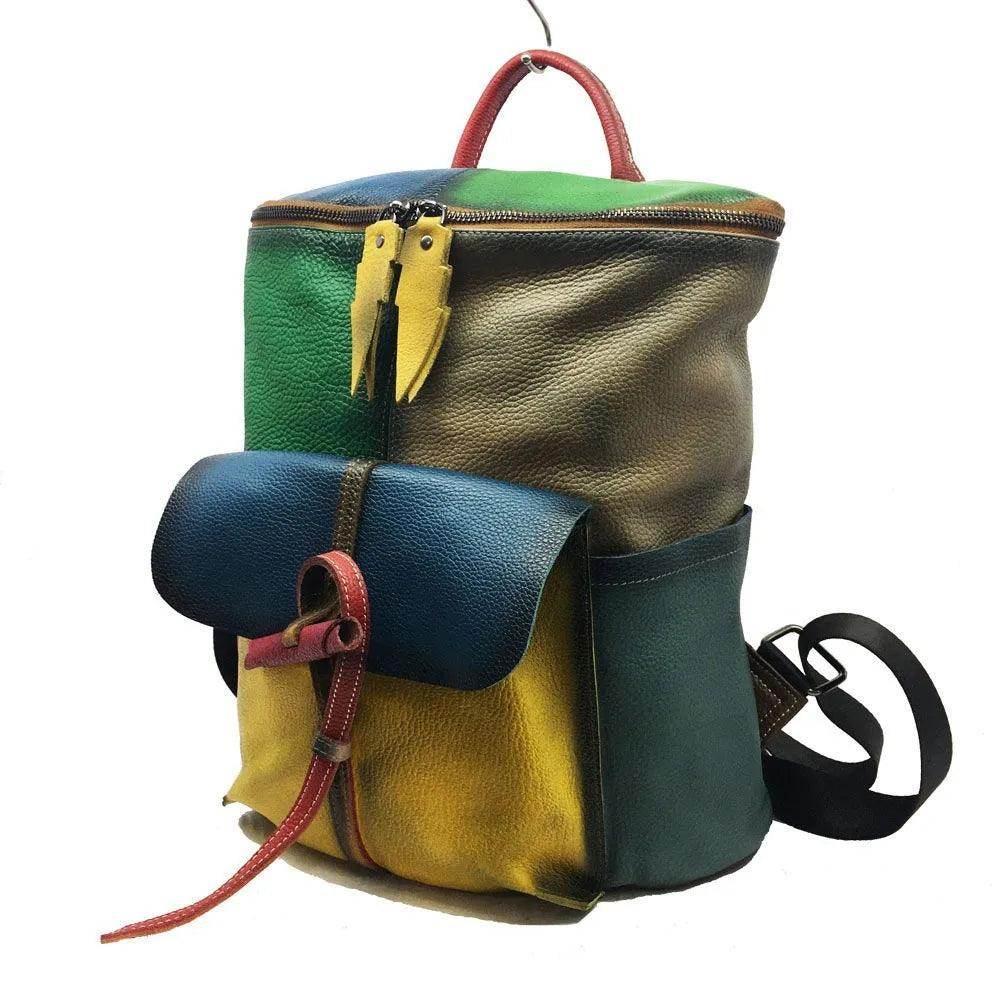 Vintage Women Genuine Leather Backpack Patchwork Double - VacationGrabs