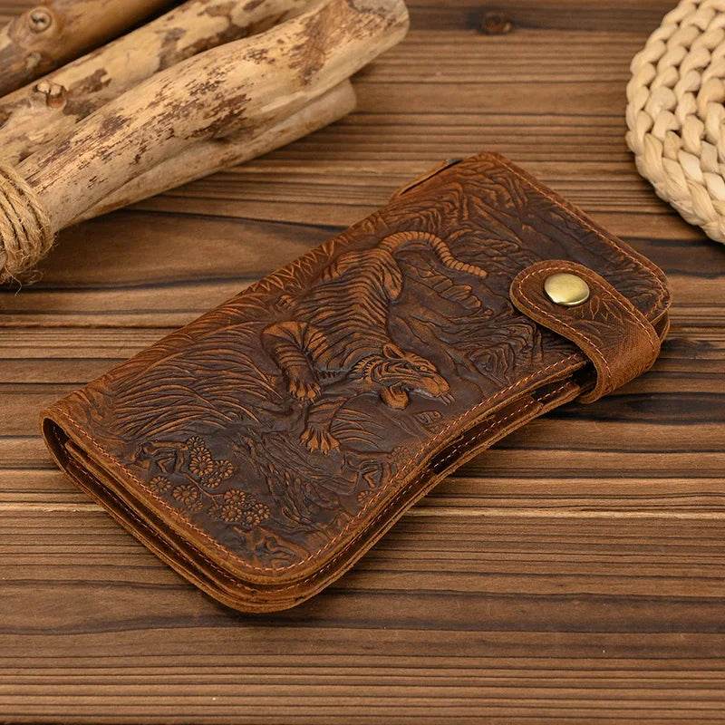 Luxury Designer Men’s Leather Wallet with 3D Tiger Dragon Embossing - VacationGrabs