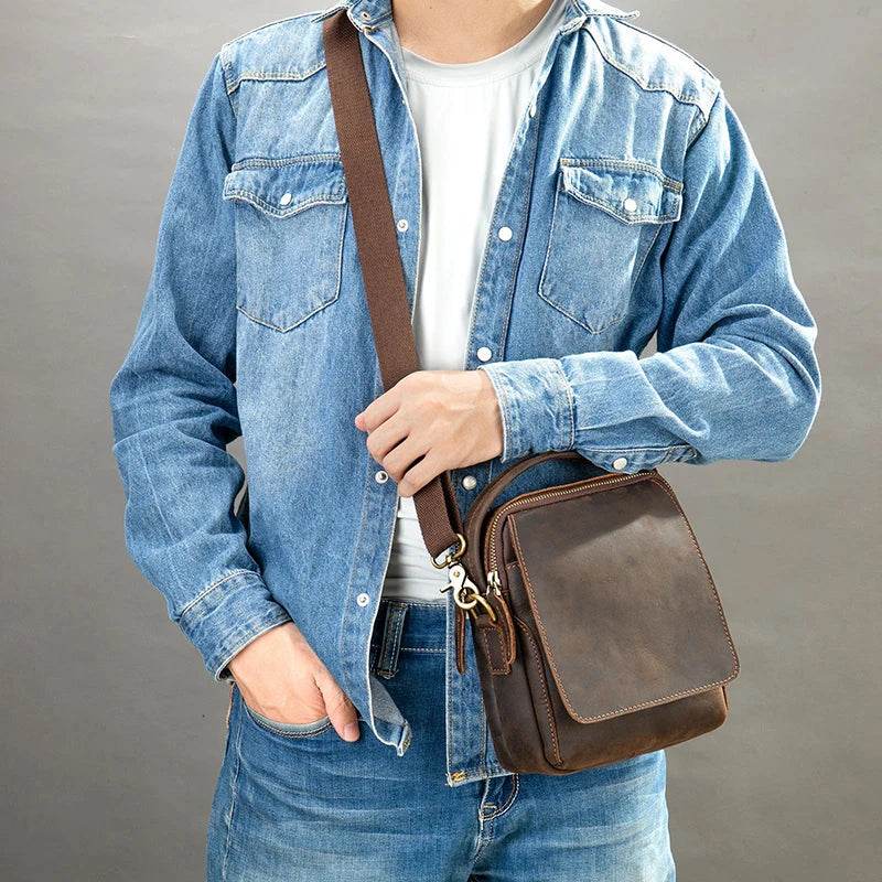 Vintage Leather Crossbody Bag Men Small Shoulder Sling Bag - VacationGrabs