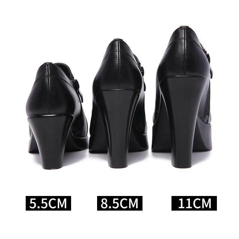 Black Block Heels Platform Pumps Women's Trouser Heels - VacationGrabs