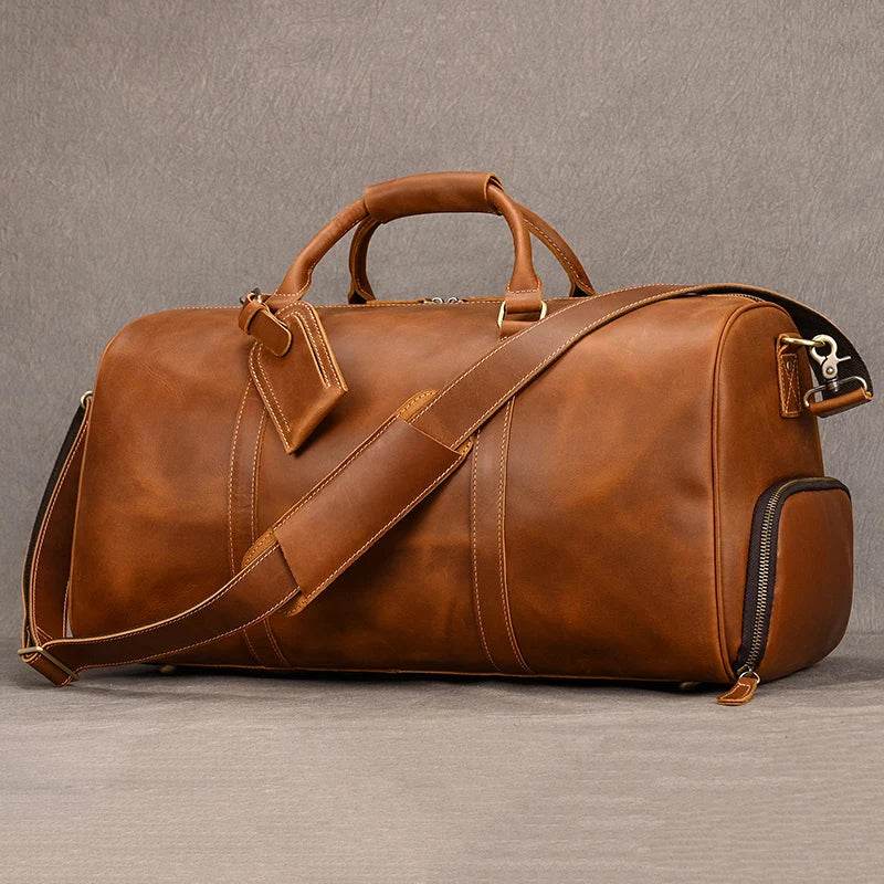 Natural Cowskin Waterproof Men’s Leather Weekend Overnight Bag - VacationGrabs