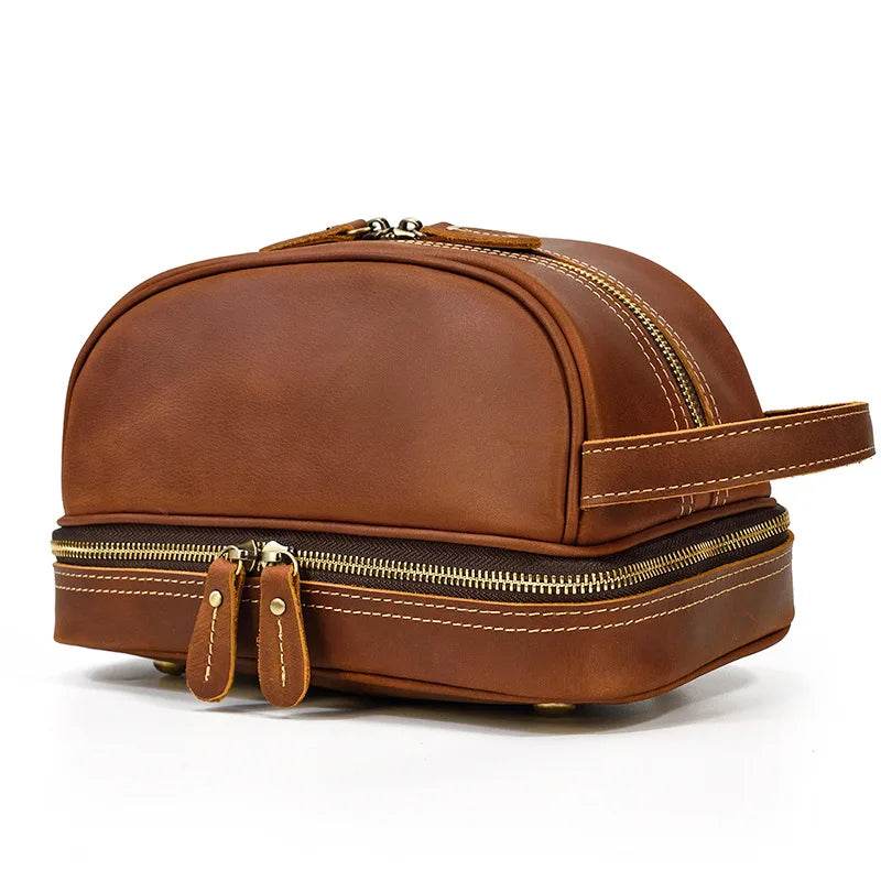 Thick Leather Clutch Bag for Men Genuine Leather Toiletry Kit Bag - VacationGrabs
